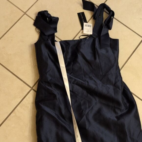 NWT Alfred Sung Satin Fit Flare Maxi Dress Gown Shoulder Bows Midnight Navy 16 - Picture 2 of 11